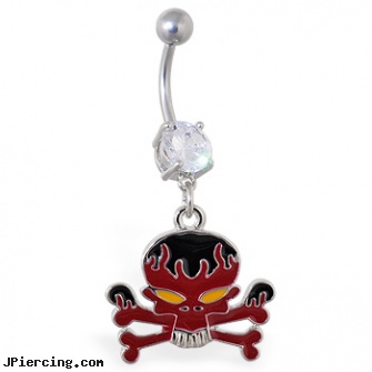 Navel ring with dangling flame skull and crossbones, signs of navel piercing infection, pretty navel rings, piercing navel forum, stainless steel triple cock ring, mood belly rings