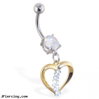 Navel ring with dangling gold colored heart with gems, nose navel tongue rings, history of navel piercing, navel piercing replacement bead, cock ring ticklers, dangling belly button rings