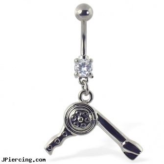 Navel ring with dangling hair dryer, playboy navel jewelry, care of navel piercing, emt navel ring, belly buttin rings, male rings