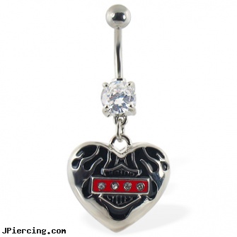 Navel ring with dangling heart with motorcyle logo, navel piercing procedure pictures, gold navel ring, jeweled navel slave rings, threaded rods for tongue rings, dr woos penis ring