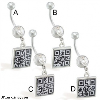 Navel ring with dangling hidden QR Code message square, male navel ring, shamrock dangle navel body jewelry, wholesale licensed navel rings, eyebrow ring taking out, curved earrings screw balls