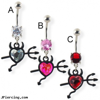 Navel ring with dangling jeweled devil heart and trident, navel piercing experiences, cheap navel barbell, history of navel piercing, hanging by chains from nipple rings, calf wean nose ring