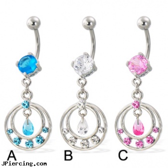 Navel ring with dangling jeweled double ring and teardrop shaped gem, skull navel ring, navel rings and sex, belly navel rings for sale, mens cock rings, disney belly button rings