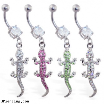 Navel ring with dangling jeweled lizard, dry skin around navel peircing, navel piercing complication, novilty navel jewelry, tongue ring sizes, playboy eyebrow rings