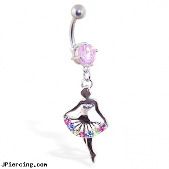 Navel ring with dangling multi-color ballerina, navel body jewelry, gold plated navel jewelry, navel rings pisces, themed belly button rings, making non piercing nipple rings