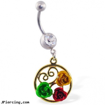 Navel ring with dangling multi-colored roses in a circle, procedure of navel piercing, navel piercings done at captive bead in rahway nj, dangling navel jewelry, how to use cock rings, tongue ring information