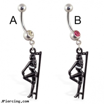 Navel ring with dangling posing stripper and pole, keloid navel piercing, navel piercing aftercare, history navel piercing, belly bottin rings, nose ring retainer