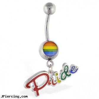 Navel ring with dangling rainbow \"Pride\", dangers of navel piercings, standard size navel piercing, navel piercing during umbilical hernia surgery, threaded ring nipple, jewelry pierced ear earrings