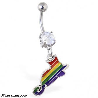 Navel ring with dangling rainbow pussy cat, parents of teens who want navel piercings, navel peircings, clipon navel rings, body rings, nipple ring chain