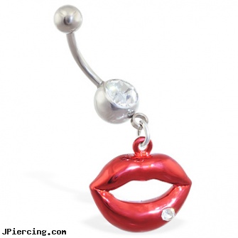 Navel ring with dangling red hot lips with gem, christmas belly navel rings, problems with navel piercing, fraggle rock navel ring, body piercing clit ring, men nipple rings