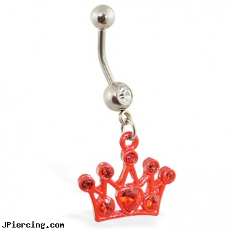 Navel Ring with Dangling Red Jeweled Crown, navel ring pain, large gauge navel body piercing jewelry, cheap navel barbell, fitting cock ring, tongue ring oral techniques