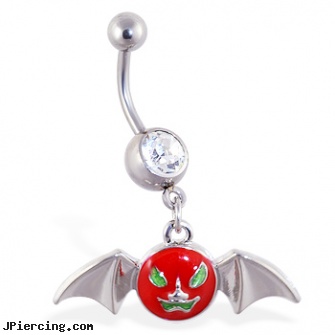 Navel ring with dangling scary face bat, belly navel ring, custom navel rings, navel piercing in boston, gold nose rings from pakistan, earnhardt belly button rings