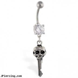 Navel ring with dangling skull key, white gold top down navel rings, navel jewelry surgical stainless steal internal thread, solid gold navel jewelry, cheap barbells and tongue rings, penis ring demonstration