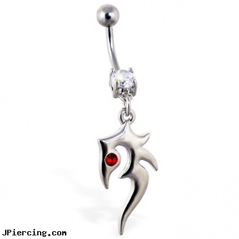 Navel ring with dangling tribal design with small red gem, gold navel ring, navel jewelry surgical stainless steal internal thread, titanium slave navel jewelry, nonpiercing nipple rings, care of belly rings