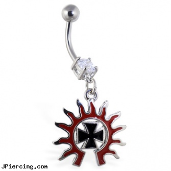 Navel ring with dangling tribal sun and chopper cross, small navel rings, navel piercing gallery, navel piercing faq, homemade cock ring, cheap tongue rings