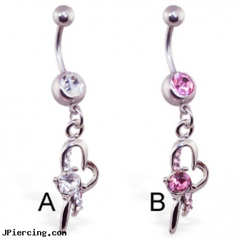 Navel ring with dangling twisty heart and gem, piercing of the navel, locations in ohio to get navel piercing, after care for navel piercings, cock ring sizing, belly ring titanium internally threaded