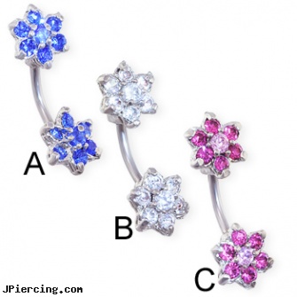 Navel Ring with Double Jeweled Flower Ends, unique navel rings, navel jewelry gold, navel ring, cheap rings that are cute, pictures of nipple rings