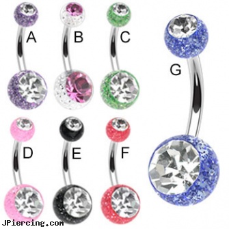 Navel ring with jeweled acrylic glitter balls, navel piercing faq, cheap navel barbell, navel jewelery, clear belly button ring, stainless steel belly rings