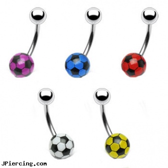 Navel ring with steel top ball and acrylic soccer bottom ball, navel piercing not healing, belly navel ring, how to change navel ring, 22 gauge silver nose ring, silicone cock rings