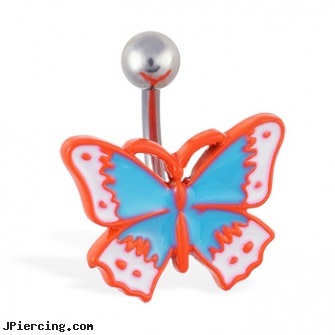 Orange and blue acrylic butterfly navel ring, orangevale ca body piercing shops permanent attractions, body jewelry blue heart, black and blue titainum tongue rings, 10 gauge acrylic tapers, acrylic tongue rings