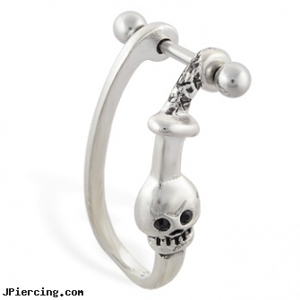 Straight helix barbell with dangling black eyed skull and sword cuff , 16 ga, internally threaded straight barbells, straight pin nose rings, straight nose stud, helix piercing, helix barbell