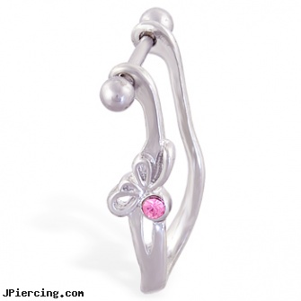 Straight helix barbell with dangling cuff with pink bow, 16 ga, internally threaded straight barbells, straight barbell clear retainer, straight pin nose rings, helix cone, helix barbell