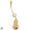 14K Yellow Gold belly ring with dangling flipflop with heart