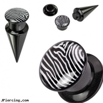 2-In-1 Interchangeable Black Acrylic Screw Fit Taper With Zebra Print, nipple jewelry interchangeable base rings, non piercing nipple jewelry with interchangeable base rings, black onyx ball stud, labret retainer without black dot, black female genital piercings