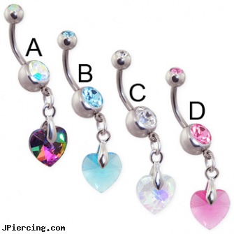 Double jeweled navel ring with dangling colorful crystal prism heart ...