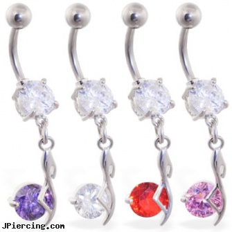 Navel ring with dangling colored solitaire gem. Length: 7/16